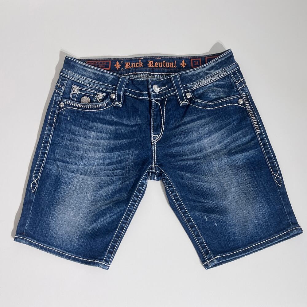 Rock Revival Jen Bermuda Shorts 31 Y2K Western Fleur De Lis Denim